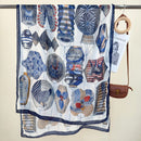 2-Piece Blue Border Retro Lantern Print Scarf - Fashionable Niche Design for Women