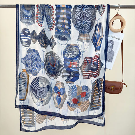 2-Piece Blue Border Retro Lantern Print Scarf - Fashionable Niche Design for Women