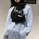 Black Cute Korean-Style Wool Scarf with Dog Design - Unisex Knitted Winter Neck Wrap