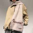 Beige Cute Korean-Style Wool Scarf with Dog Design - Unisex Knitted Winter Neck Wrap