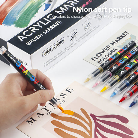 24 Colour Set Vibrant Cyan Acrylic Marker with Soft Brush Tip - 13.8 cm Professional Art Pen