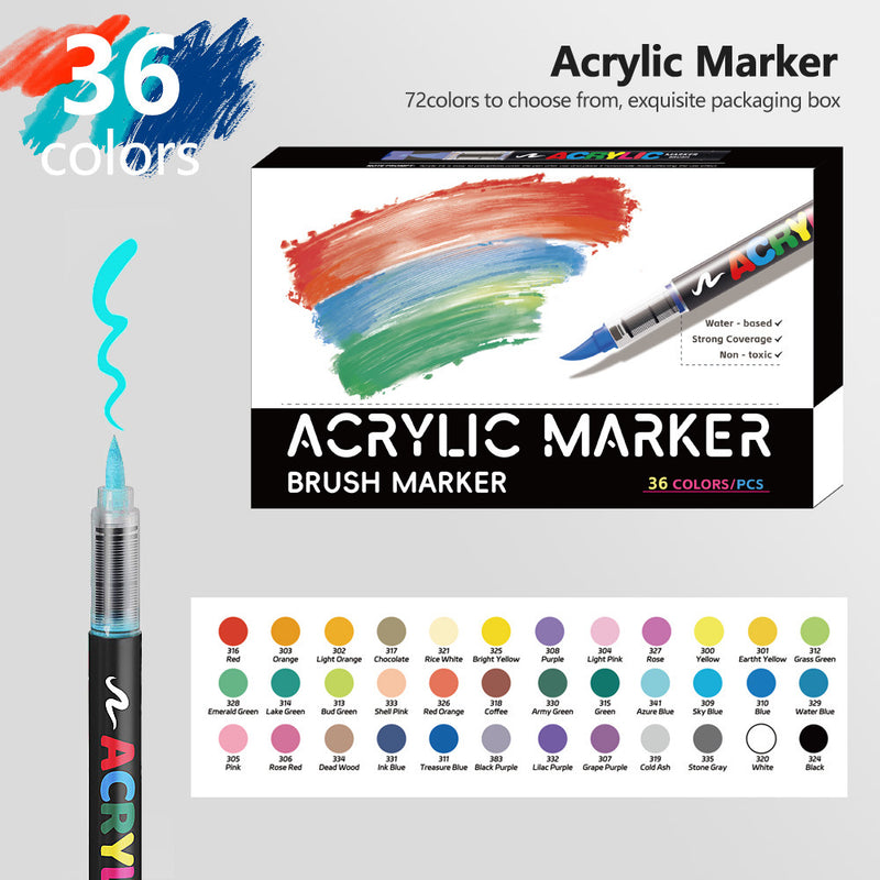 36 Colour Set Vibrant Cyan Acrylic Marker with Soft Brush Tip - 13.8 cm Professional Art Pen