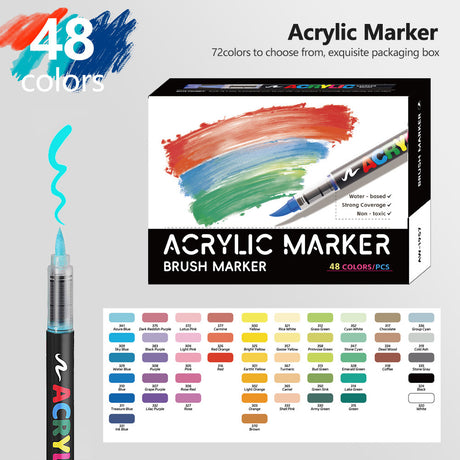 48 Colour Set Vibrant Cyan Acrylic Marker with Soft Brush Tip - 13.8 cm Professional Art Pen