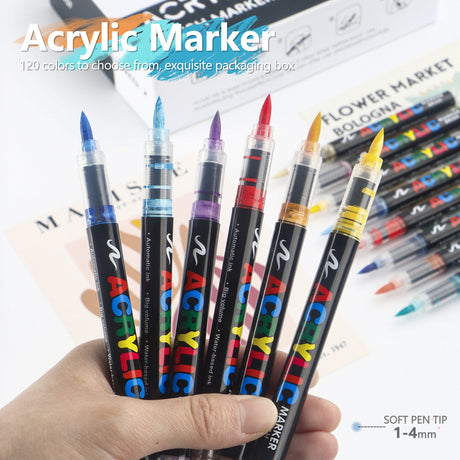 48 Colour Set Vibrant Cyan Acrylic Marker with Soft Brush Tip - 13.8 cm Professional Art Pen
