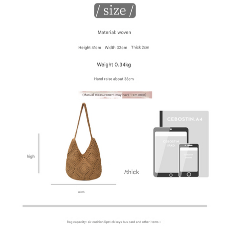 Beige Flower-Patterned Cotton Crochet Tote Bag - Beach and Commute Essential