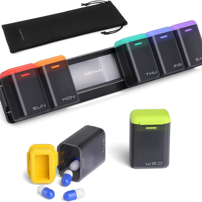 Black + Multicolor Cover Weekly Pill Organizer 1-Time-a-Day - Large Capacity Magnetic Closure Pill Box (246 x 49 x 23 mm)