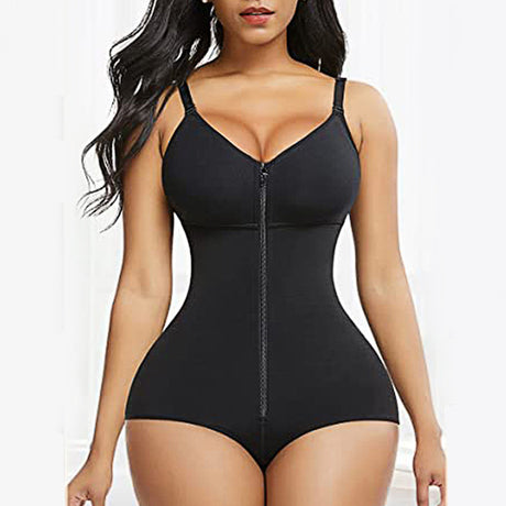 2XL Black Women's Seamless Body-Shaping Onesie with Zipper - Abdomen Slimming and Hip Lifting