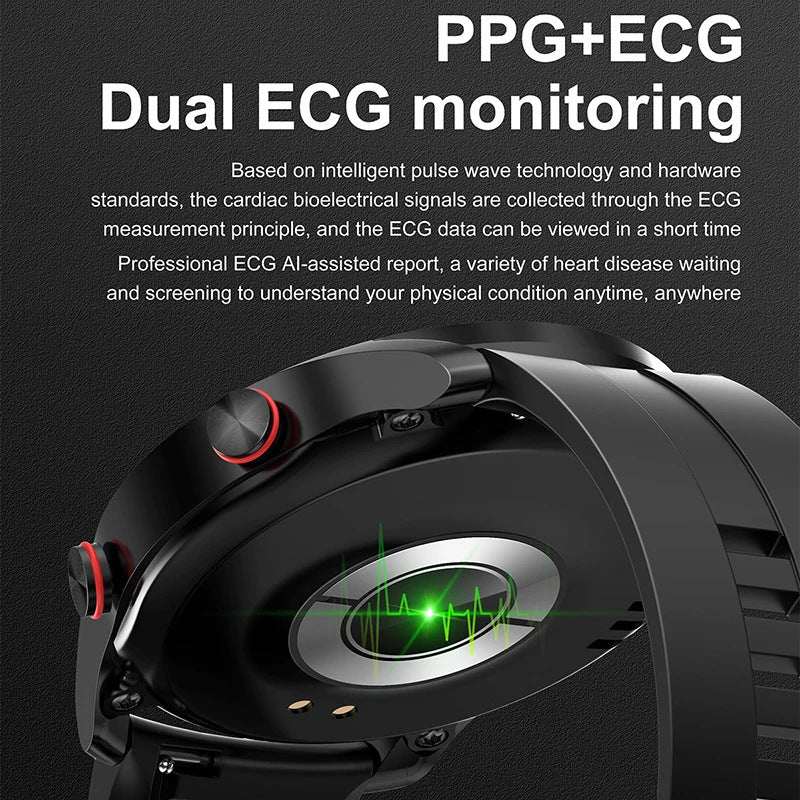 Black Silicone Business Smartwatch with ECG and PPG Monitoring and Stainless Steel Strap