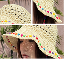 Beige Colorful Wooden Bead Straw Hat for Women - Large Brim Sun Protection