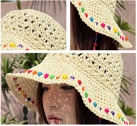 Beige Colorful Wooden Bead Straw Hat for Women - Large Brim Sun Protection