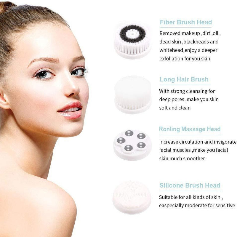 4-in-1 Electric Facial Cleansing Brush & Massager - IPX6 Waterproof, 3 Speeds, Bi-Directional Spin, USB Rechargeable(white)