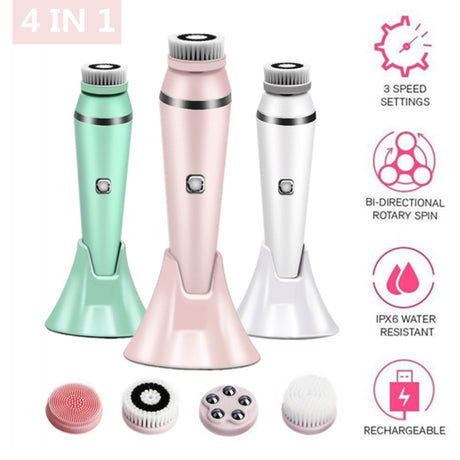 4-in-1 Electric Facial Cleansing Brush & Massager - IPX6 Waterproof, 3 Speeds, Bi-Directional Spin, USB Rechargeable(Pink)