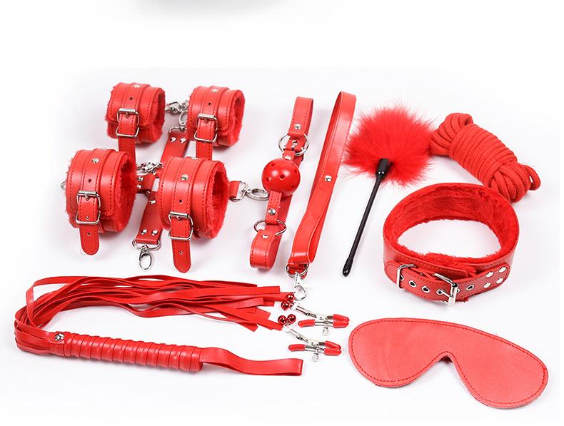 10-Piece Plush Lined Adjustable Restraint Kit with Rope & Accessories for Couples(red)