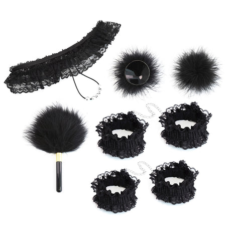7-Piece Lace & Feather Playful Lingerie Accessory Set - Cuffs, G-String, Tickler &Nipple stickers(red)