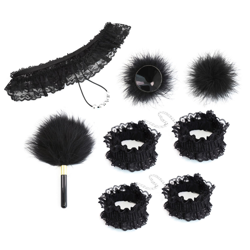 7-Piece Lace & Feather Playful Lingerie Accessory Set - Cuffs, G-String, Tickler &Nipple stickers(black)
