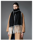 Black Contrast Edge & Tassel Scarf - Chic Autumn/Winter Neckwear (190x30cm)