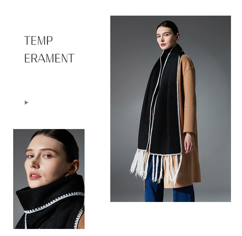 Black Contrast Edge & Tassel Scarf - Chic Autumn/Winter Neckwear (190x30cm)