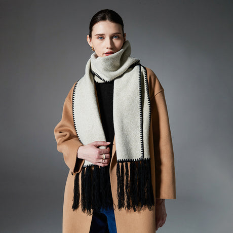 Beige Contrast Edge & Tassel Scarf - Chic Autumn/Winter Neckwear (190x30cm)