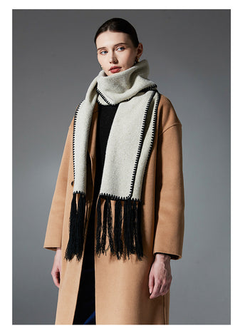 Beige Contrast Edge & Tassel Scarf - Chic Autumn/Winter Neckwear (190x30cm)