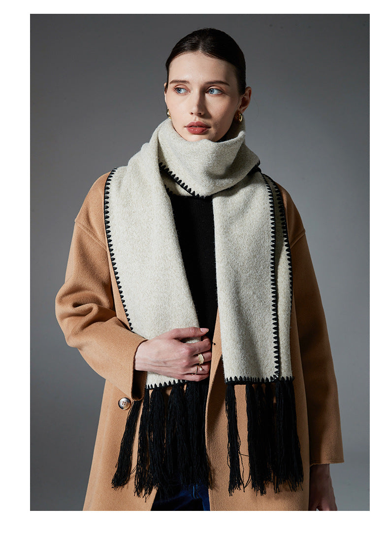 Beige Contrast Edge & Tassel Scarf - Chic Autumn/Winter Neckwear (190x30cm)