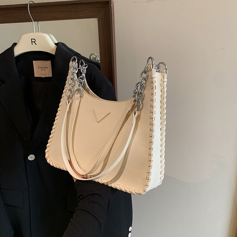 Beige Chic PU Leather Shoulder Bag with Chain Strap & Whipstitch Detail