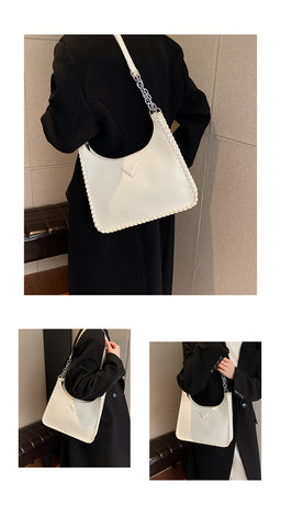 Beige Chic PU Leather Shoulder Bag with Chain Strap & Whipstitch Detail