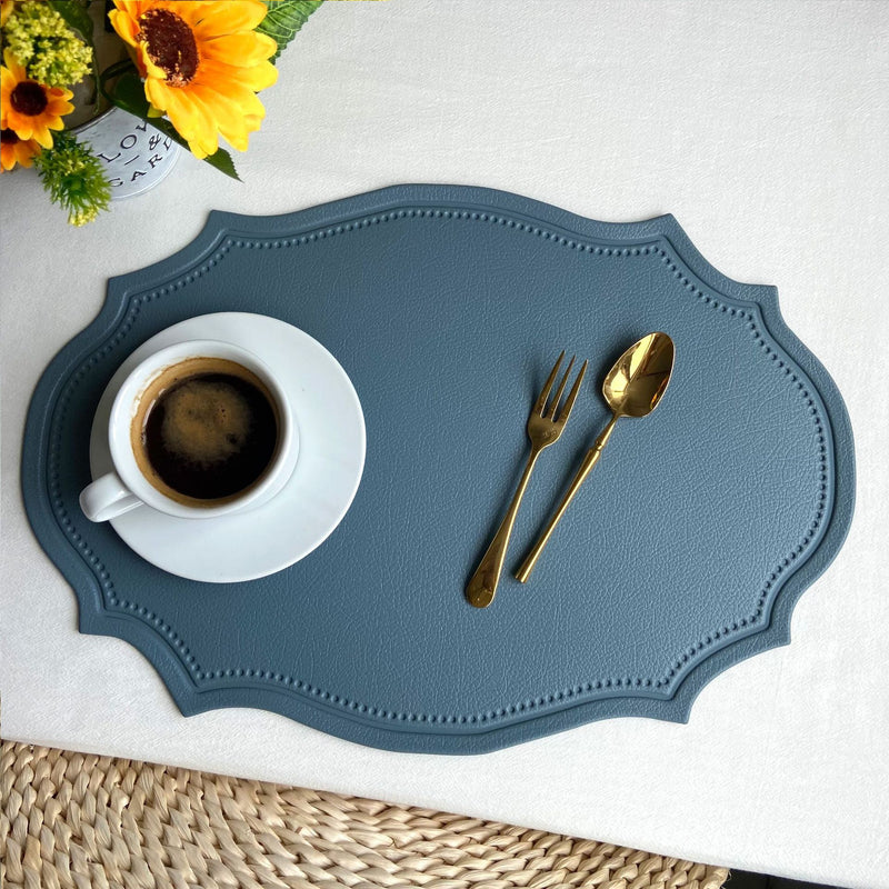 4 pcs Retro Faux Leather Placemat - Waterproof & Oil-Proof Dining Table Mat (Light blue)