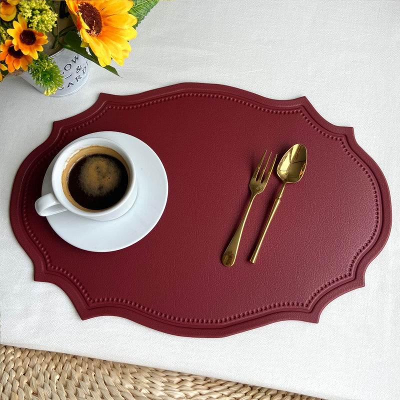 4 pcs Retro Faux Leather Placemat - Waterproof & Oil-Proof Dining Table Mat (Wine red)