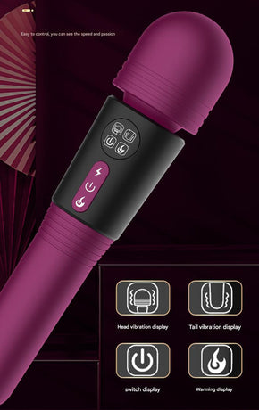 (Purple) Powerful Dual Stimulation Wand Vibrator - Heated Tip, Multi-Mode, LCD Display