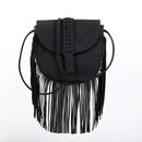 Black Chic Bohemian Fringe Crossbody Bag - Suede-Look PU Leather with Braided Detail & Adjustable Strap