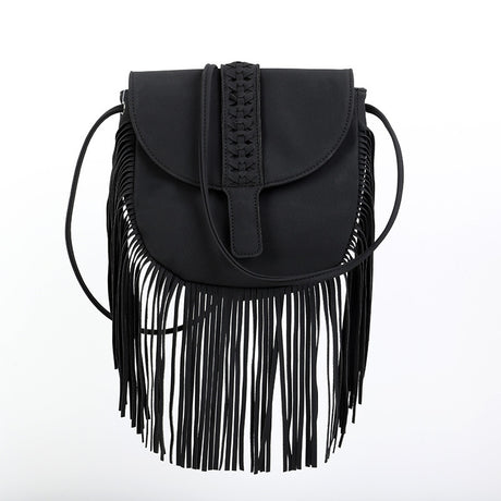 Black Chic Bohemian Fringe Crossbody Bag - Suede-Look PU Leather with Braided Detail & Adjustable Strap