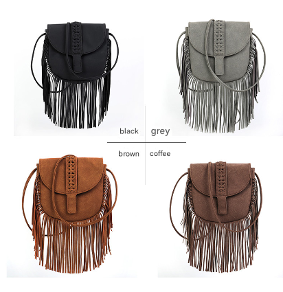 Black Chic Bohemian Fringe Crossbody Bag - Suede-Look PU Leather with Braided Detail & Adjustable Strap