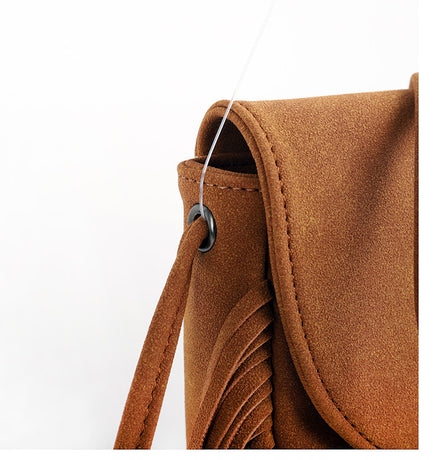 Black Chic Bohemian Fringe Crossbody Bag - Suede-Look PU Leather with Braided Detail & Adjustable Strap