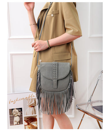 Black Chic Bohemian Fringe Crossbody Bag - Suede-Look PU Leather with Braided Detail & Adjustable Strap