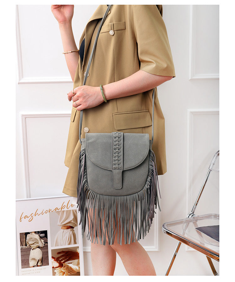 Black Chic Bohemian Fringe Crossbody Bag - Suede-Look PU Leather with Braided Detail & Adjustable Strap