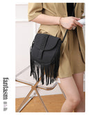 Black Chic Bohemian Fringe Crossbody Bag - Suede-Look PU Leather with Braided Detail & Adjustable Strap