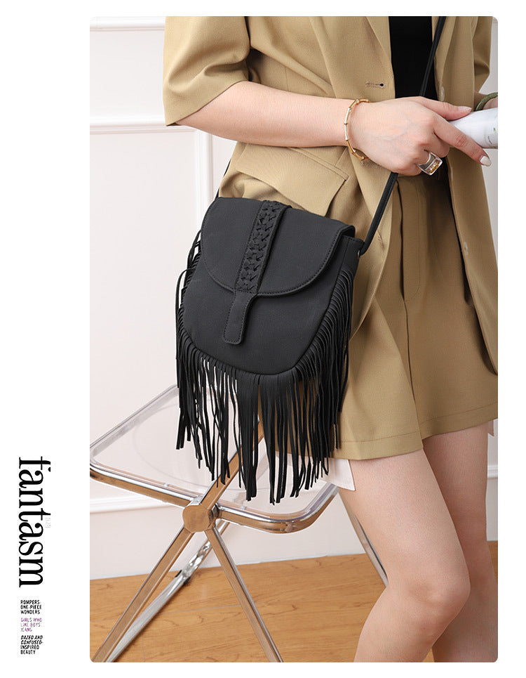 Black Chic Bohemian Fringe Crossbody Bag - Suede-Look PU Leather with Braided Detail & Adjustable Strap