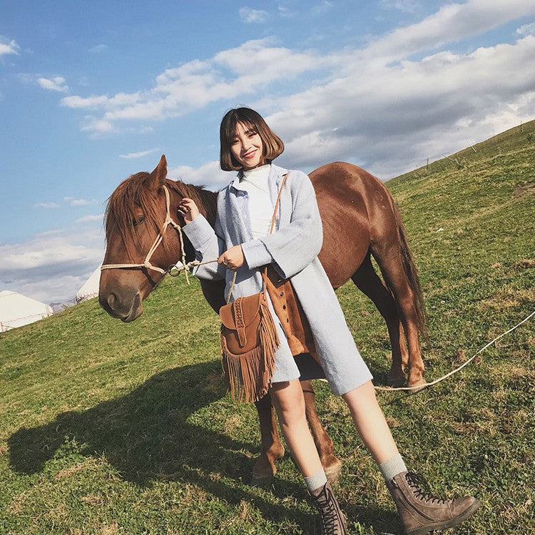 Black Chic Bohemian Fringe Crossbody Bag - Suede-Look PU Leather with Braided Detail & Adjustable Strap