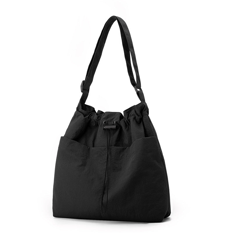Black Chic Lightweight Nylon Drawstring Tote Bag - Multi-Pocket Casual Shoulder & Crossbody