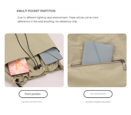 Black Chic Lightweight Nylon Drawstring Tote Bag - Multi-Pocket Casual Shoulder & Crossbody