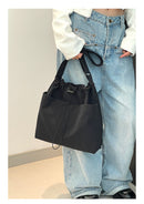 Black Chic Lightweight Nylon Drawstring Tote Bag - Multi-Pocket Casual Shoulder & Crossbody
