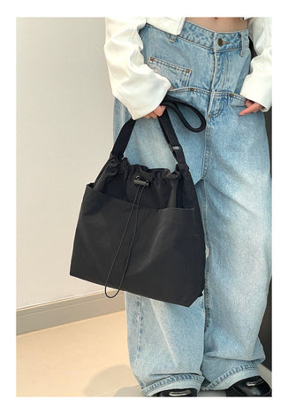 Black Chic Lightweight Nylon Drawstring Tote Bag - Multi-Pocket Casual Shoulder & Crossbody