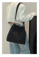 Black Chic Lightweight Nylon Drawstring Tote Bag - Multi-Pocket Casual Shoulder & Crossbody