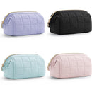 Beige Chic Quilted Puffer Makeup Bag - Large Capacity Travel Cosmetic Organizer with Wide Opening