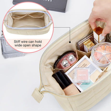 Beige Chic Quilted Puffer Makeup Bag - Large Capacity Travel Cosmetic Organizer with Wide Opening