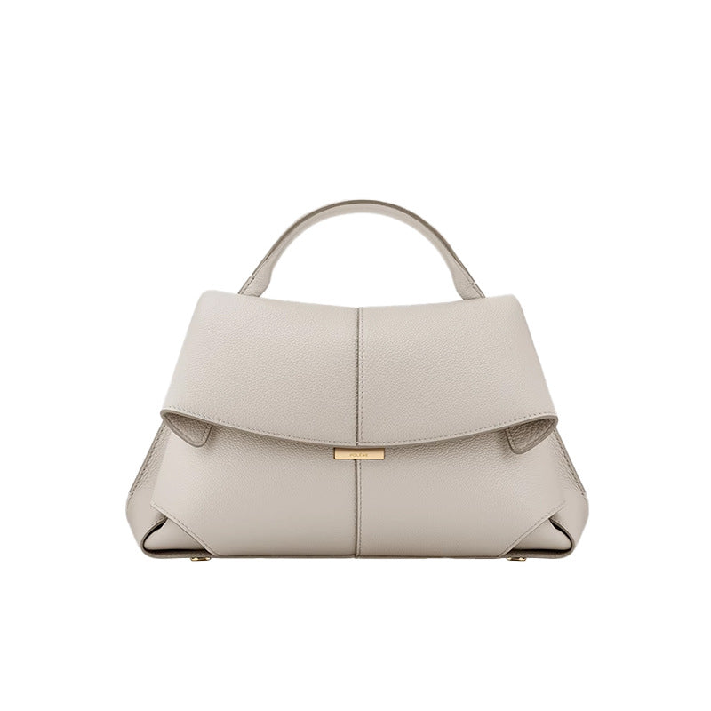 Beige Elegant Womens Genuine Cowhide Leather Top Handle Satchel - Chic Flap Crossbody Shoulder Bag