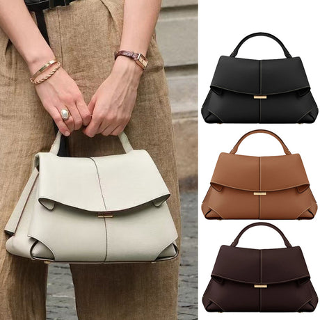 Beige Elegant Womens Genuine Cowhide Leather Top Handle Satchel - Chic Flap Crossbody Shoulder Bag