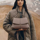 Beige Elegant Womens Genuine Cowhide Leather Top Handle Satchel - Chic Flap Crossbody Shoulder Bag