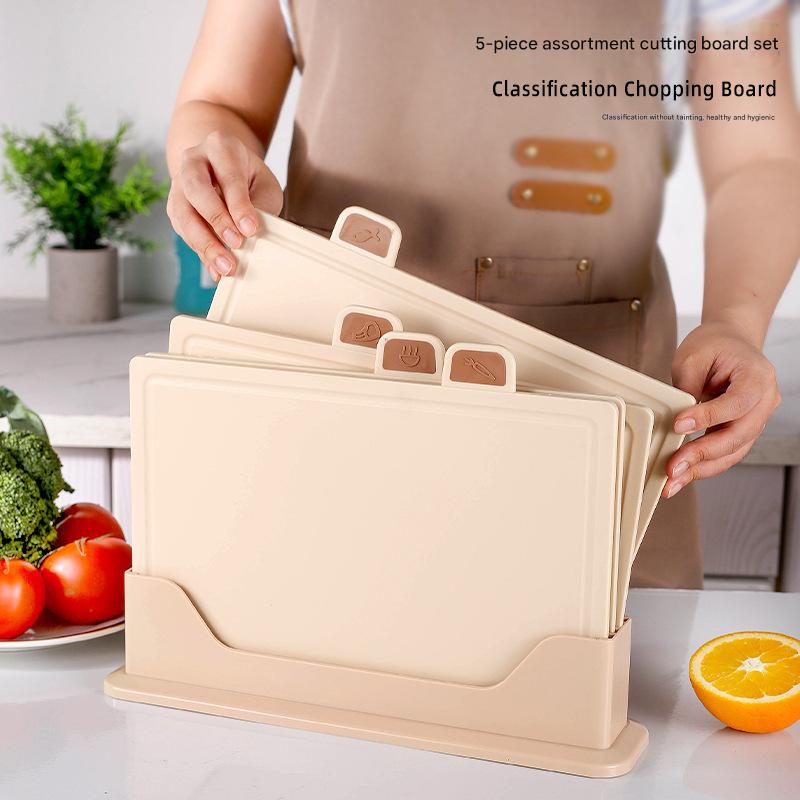 Beige 4-Piece Index Cutting Board Set with Ventilated Storage Stand - Food-Safe PP Kitchen Chopping Boards