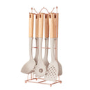 Beige Elegant 7-Piece Silicone Kitchen Utensil Set with Wooden Handles & Rose Gold Stand - Non-Stick Cookware Safe